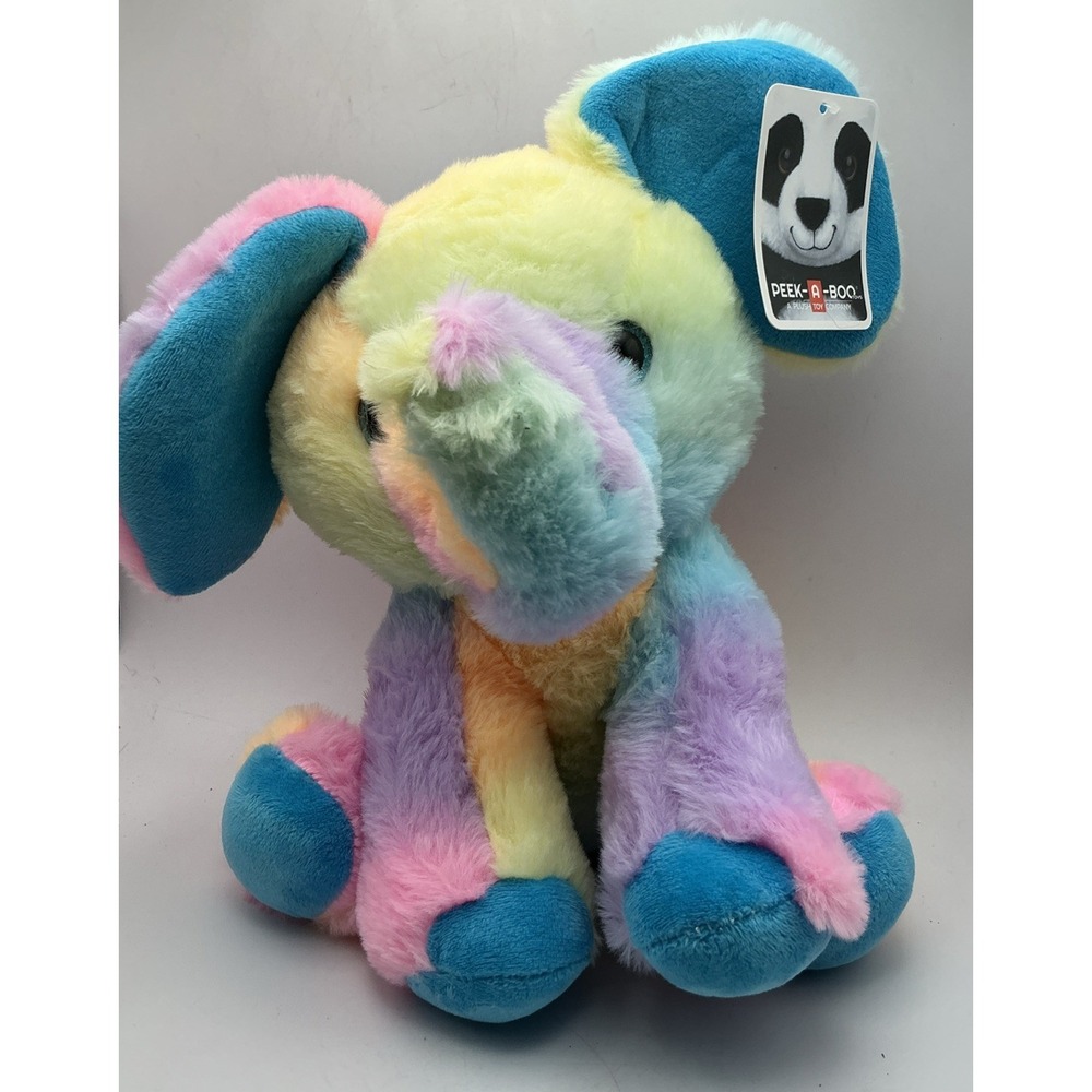 Peek-A-Boo Rainbow Elephant Plush Pastel Tie-Dye Stuffed Animal 11"